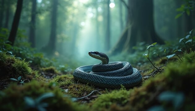 Dark snake coiled on mossy forest floor. Green foliage and misty trees create mysterious, wild setting. Reptile head alert. Nature, danger, wildlife concept.