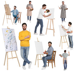 Men painting using easel on white background. Photos of artist, collage