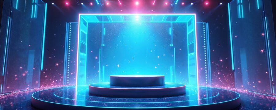 Futuristic stage with glass podium lit by blue neon. Digital background with animated confetti creates exciting high tech award atmosphere. Victory celebration concept.