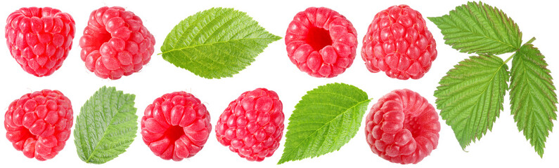 Fresh raspberries and green leaves isolated on white, set