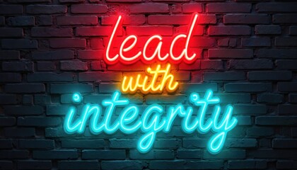 Fototapeta premium Neon text reads lead with integrity on brick wall. Positive message conveys honesty ethical principles. Ideal for business leadership or personal growth.