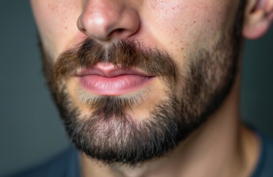 Man with patchy beard, visible stubble and mustache. Male face with sparse facial hair growth, light skin with freckles, showing a hair problem.