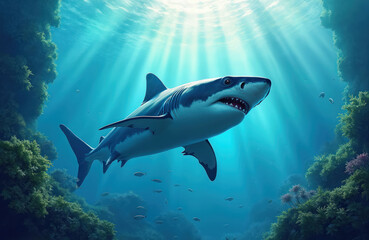 Obraz premium Large swims in deep blue ocean water. Sunlight beams pierce the water near green coral reefs. Small fish scatter around the powerful predator.