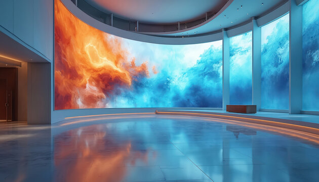 Modern lobby features curved digital displays showing abstract art of fire and water. Polished floor reflects vibrant colors and sleek architectural lines.