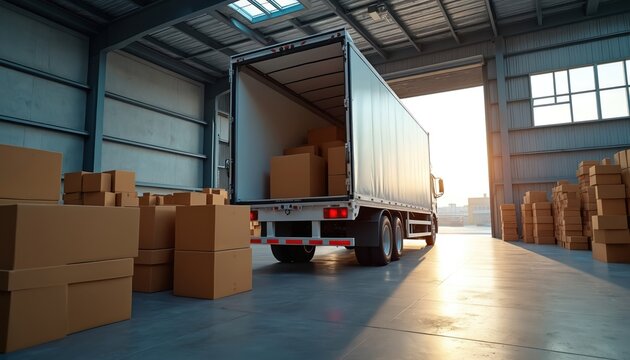 Truck with open rear door loads cardboard boxes inside warehouse. Stacks of brown parcels await transport in logistics center. Sun shines through large bay door.