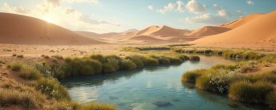 Desert oasis with calm blue water and green grass banks. Sand dunes surround this rare scene under bright sun and sky. Nature beauty in arid lands.