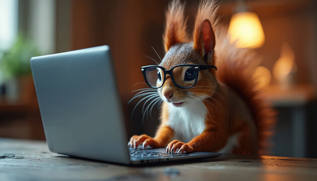 Frustrated squirrel with glasses types on laptop in cozy room. Small animal works intently on computer at home desk. Furry creature focused on online task.