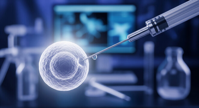 Micro syringe needle delivers CRISPR gene therapy into single cell in high tech genetic laboratory setting