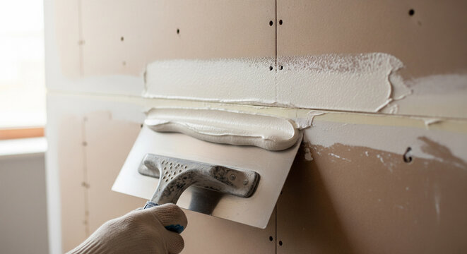 Plasterer uses trowel to apply joint compound on drywall seam for smooth finish in home renovation project