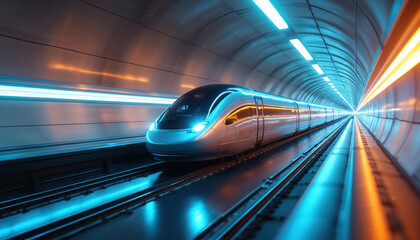 Fototapeta premium Sleek train moves fast through brightly lit futuristic tunnel. Modern transport system travels at high speed on rails. Neon lights create motion blur effect, science fiction journey.