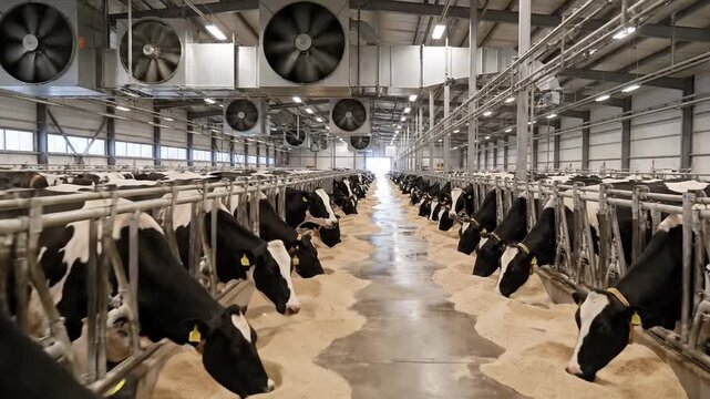 Modern Dairy Farm Barn Interior with Rows of Holstein Cows Eating Feed