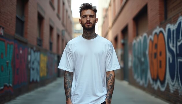 Man with tattoos wears a plain white t-shirt. He stands in an urban alley with graffiti art on brick walls. This visual suits fashion brands, music artists, or urban lifestyle promotions.