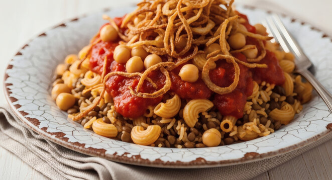 Authentic Koshary With Spicy Tomato Sauce In Rustic Plate Setting