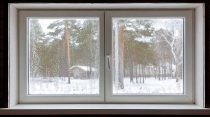 Frosted cabin window with snowy forest view outside. Late winter mood with frozen glass texture and peaceful rustic atmosphere. Cozy cold season lifestyle