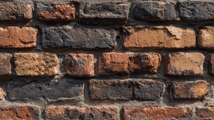 Naklejka premium Rustic Red and Black Brick Wall Texture with Varied Shades, Ideal for Backgrounds in Architecture, Design, and Construction Projects