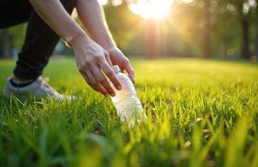 Person picks up plastic bottle from green grass, sun shines. Adult cleans up litter in park, promotes recycling. Hand collects trash for cleaner environment, outdoor nature activity.