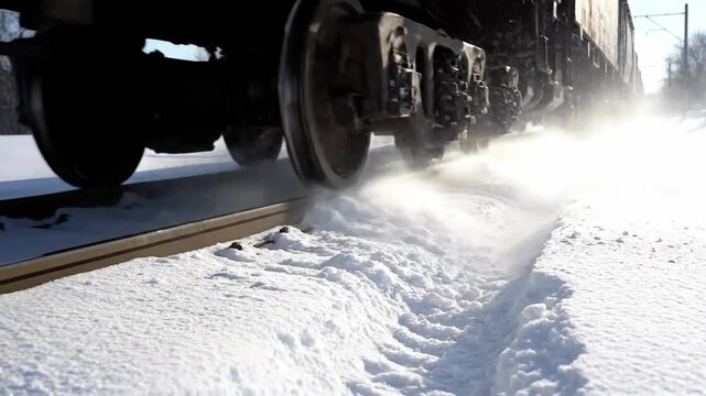 Train wheels rolling on snowy tracks in winter landscape, transportation background.