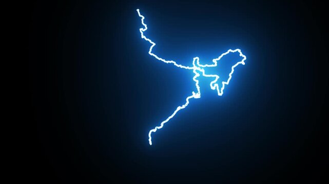 Neon blue outline of Northeast India on black background