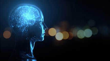 Obraz premium Digital representation of a human head with glowing neural connections in a dark background at night