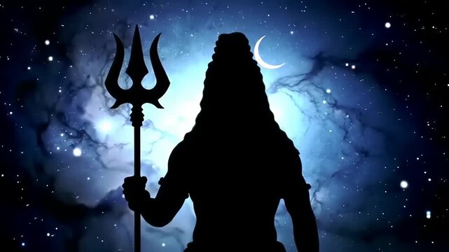 Silhouette of Lord Shiva against starry sky.