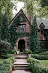 Fototapeta premium Brick house with green vines and well-kept garden path in a residential area during the daytime in early fall showing trees in the background