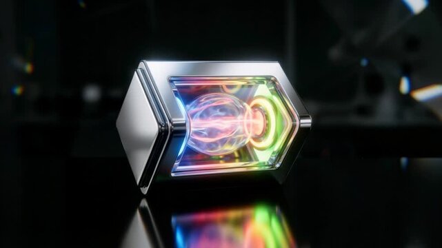 A futuristic metallic hexagonal prism encases a glowing, colorful plasma orb with swirling energy and vibrant rainbow refractions on a dark reflective surface