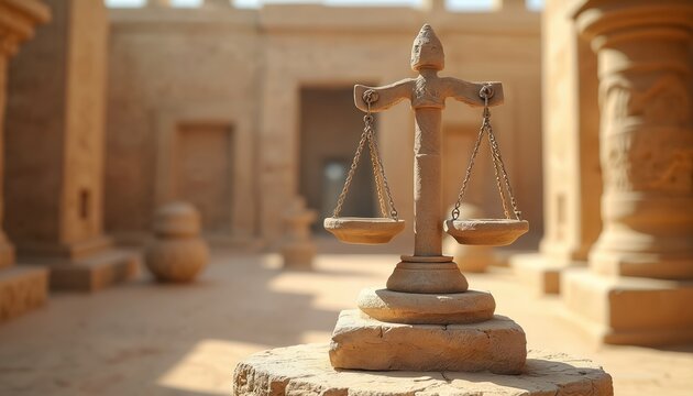 Stone balance scales stand in ancient temple courtyard. Symbol of justice, law, order. Desert architecture, cultural heritage setting. Timeless concept of judgement.