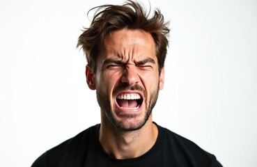 Man expresses intense pain with eyes shut and mouth open wide. His brow is furrowed deeply in anguish. He wears a black shirt against a plain white background, conveying raw emotion.