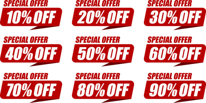 10％OFF、20％OFF、30％OFF、40％OFF、50％OFF、60％OFF、70％OFF、80％OFF、90％OFFのセールを表すディスカウントラベル　Discount Label SALE
