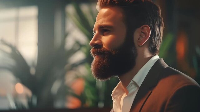 The Confident Gaze: A handsome man with a thick beard exudes confidence, set against a blurred yet warm ambiance, representing sophistication and poise.