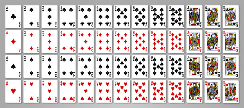 Poker set with isolated cards. Poker playing cards, full deck. Vector 10 eps.