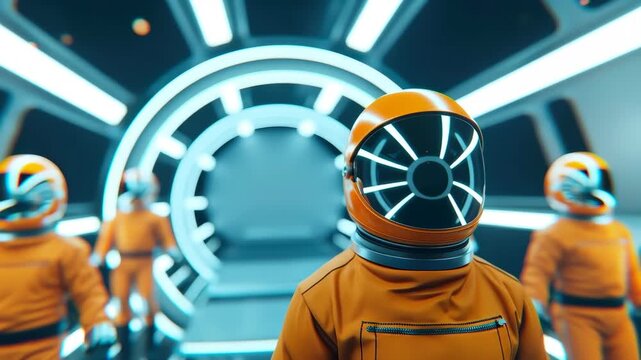 Futuristic Team in Space: A team of astronauts, clad in vibrant orange uniforms and helmets, stands in a futuristic, technologically advanced spacecraft interior, ready for their interstellar mission.