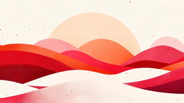 Crimson Horizon: An abstract landscape in shades of red and orange, depicting rolling hills and a rising sun.
