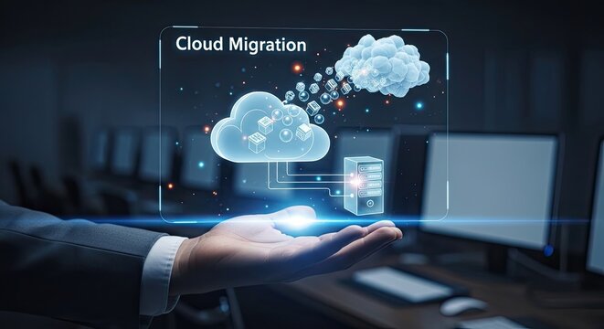 Businessman presenting cloud migration concept with glowing hand in modern office