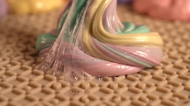 Colorful slime being stretched and played with on a textured surface.