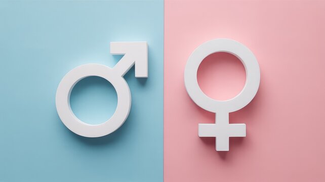 White male and female gender symbols prominently displayed on a vibrant dual colored pink and blue b