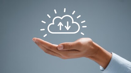 Fototapeta premium Human hand gently presents a glowing cloud computing icon with data transfer arrows on a neutral gre