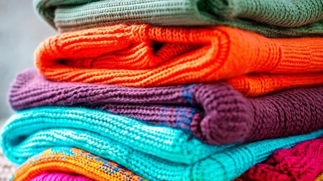 Cozy Knitted Garments: A vibrant stack of knitted sweaters in a spectrum of warm hues, inviting a feeling of comfort and warmth.
