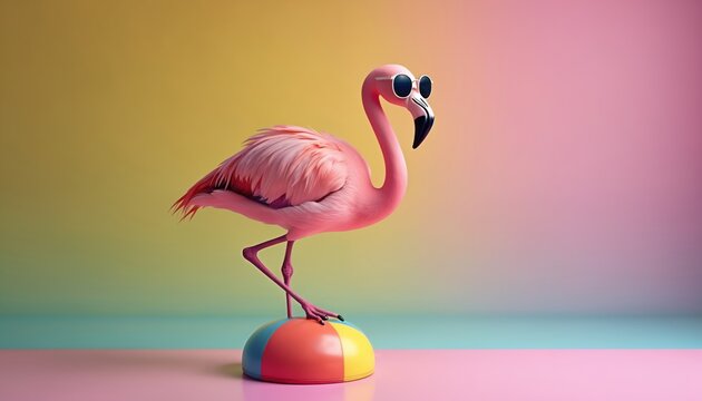 Pink flamingo with sunglasses balances on colorful beach ball. Bird has elegant pose on pastel background. It is funny and playful tropical vacation mood.