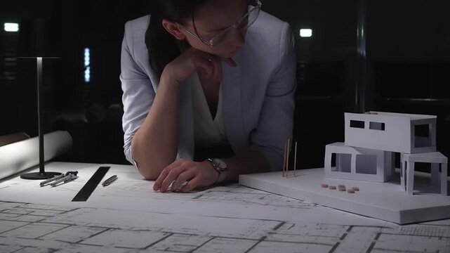 Female architect thinking about a modern house architecture project with blueprint and model on desk. Business and architect people concept