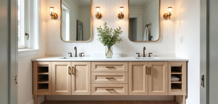 Bright modern bathroom vanity with double sinks mirrors, wood cabinets. White marble countertop herringbone tile backsplash, elegant fixtures create clean fresh look. Soft window light illuminates