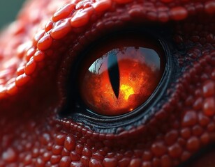 Naklejka premium Red dragon eye closeup, showing fiery iris and detailed scales. Reptilian creature, mythical beast, ancient monster, fantasy creature, fantasy art detail.