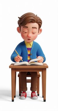 Animated cartoon boy studying at desk with pencil and open book