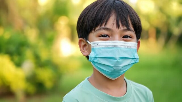 Young Child with Protective Mask: A young child with a bright, curious gaze wears a protective face mask, set against a blurred backdrop of verdant greenery, symbolizing safety, health.