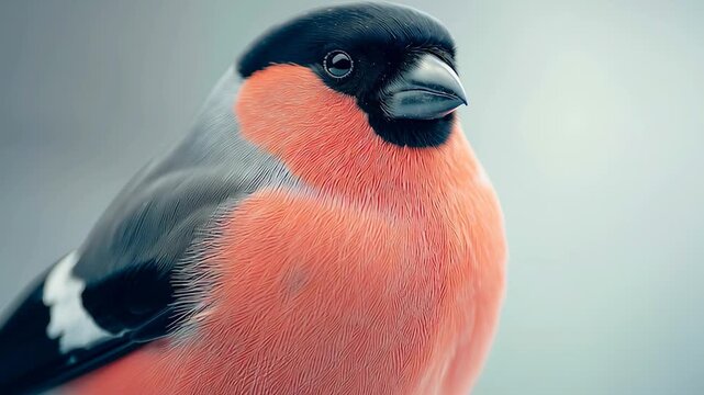 A close up portrait of a colorful bullfinch with red plumage against a soft blurred background, showing wildlife beauty and calm nature mood