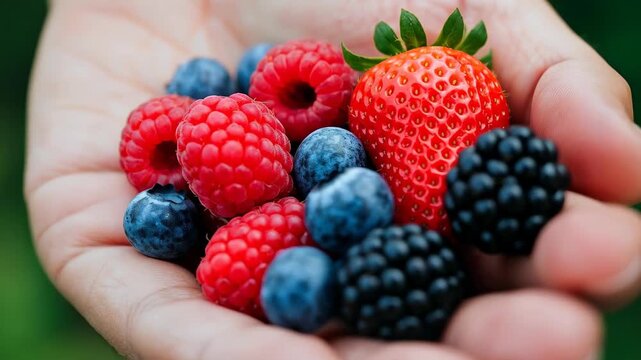 A Burst of Berry: A hand cradles a vibrant assortment of fresh berries, each a jewel of color and taste, offering a sensory invitation to the bounty of nature.