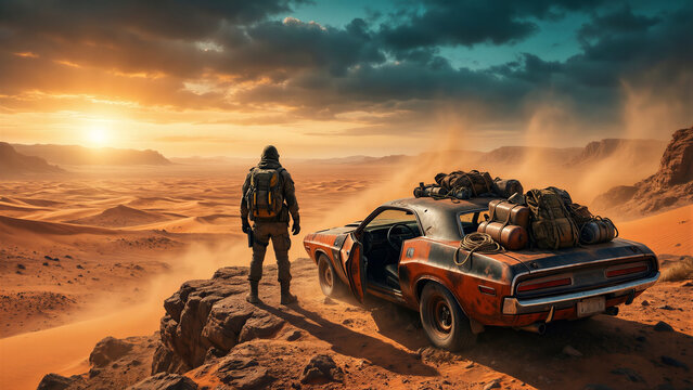 Post apocalyptic wanderer gazing at a distant horizon with modified vehicle