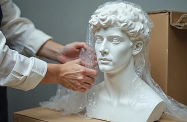 Hands cover delicate plaster bust with bubble wrap for safe transit. Art object packed in cardboard box for shipping, preparing for relocation or sale.
