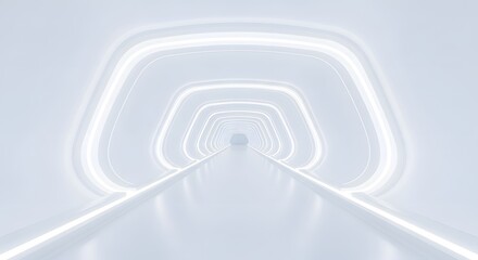 Obraz premium Futuristic white and light blue geometric tunnel with glowing lines for modern technology background design