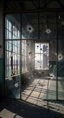 Obraz premium Bullet Holes in Glass - Abandoned Building.